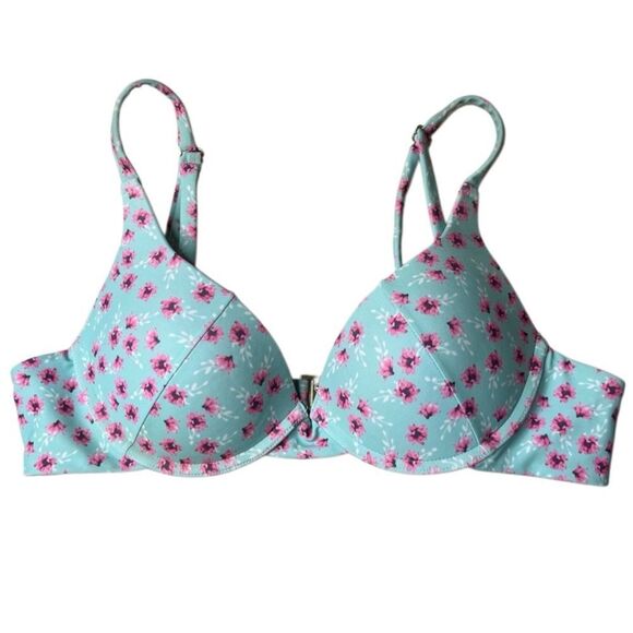 Floral Print Women's Bikini Top - Blue and Pink Medium - Picture 2 of 5